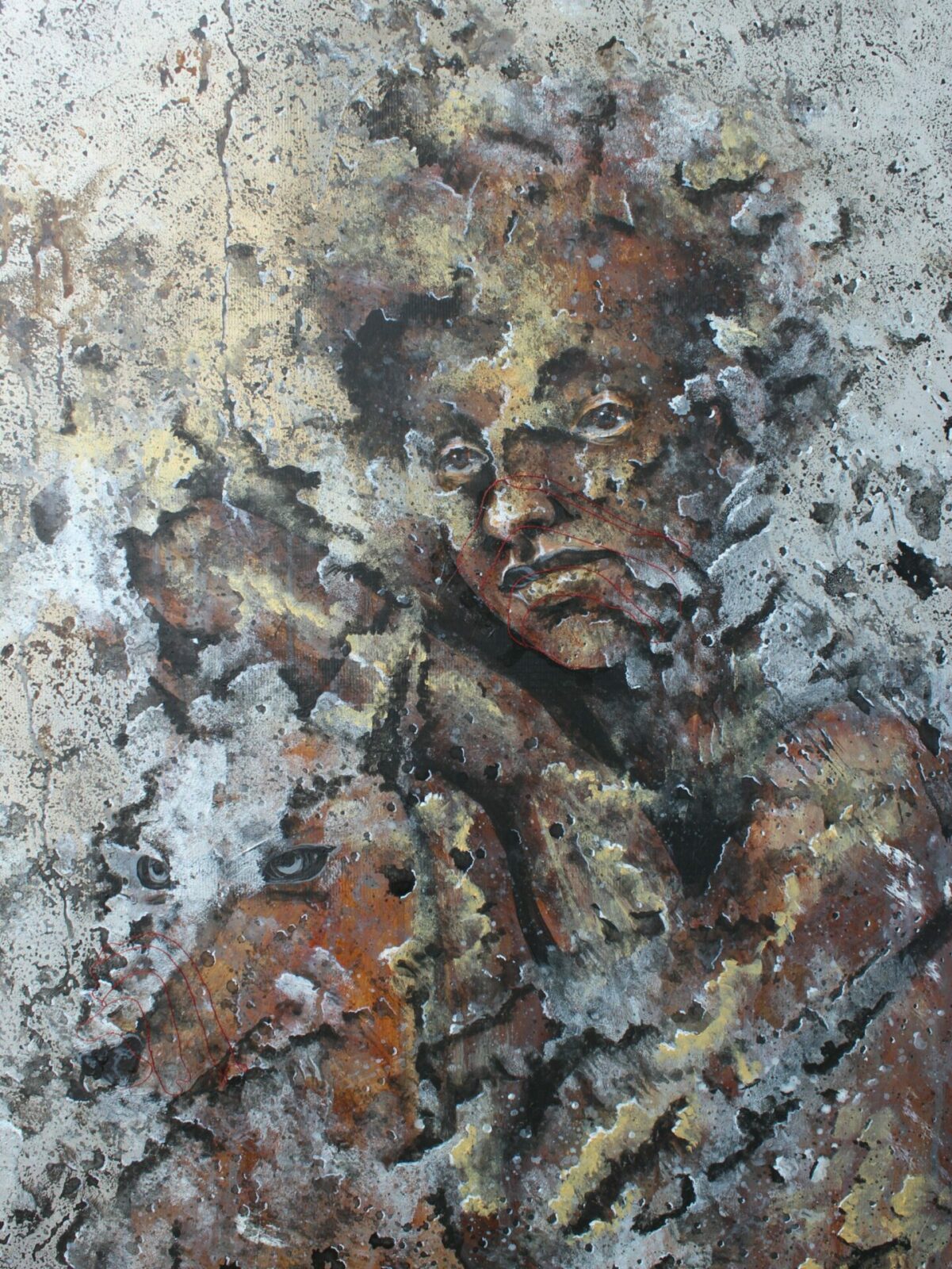jeune garçon et son chien brun gravé dans la pierre peinture de Sardoine Mia