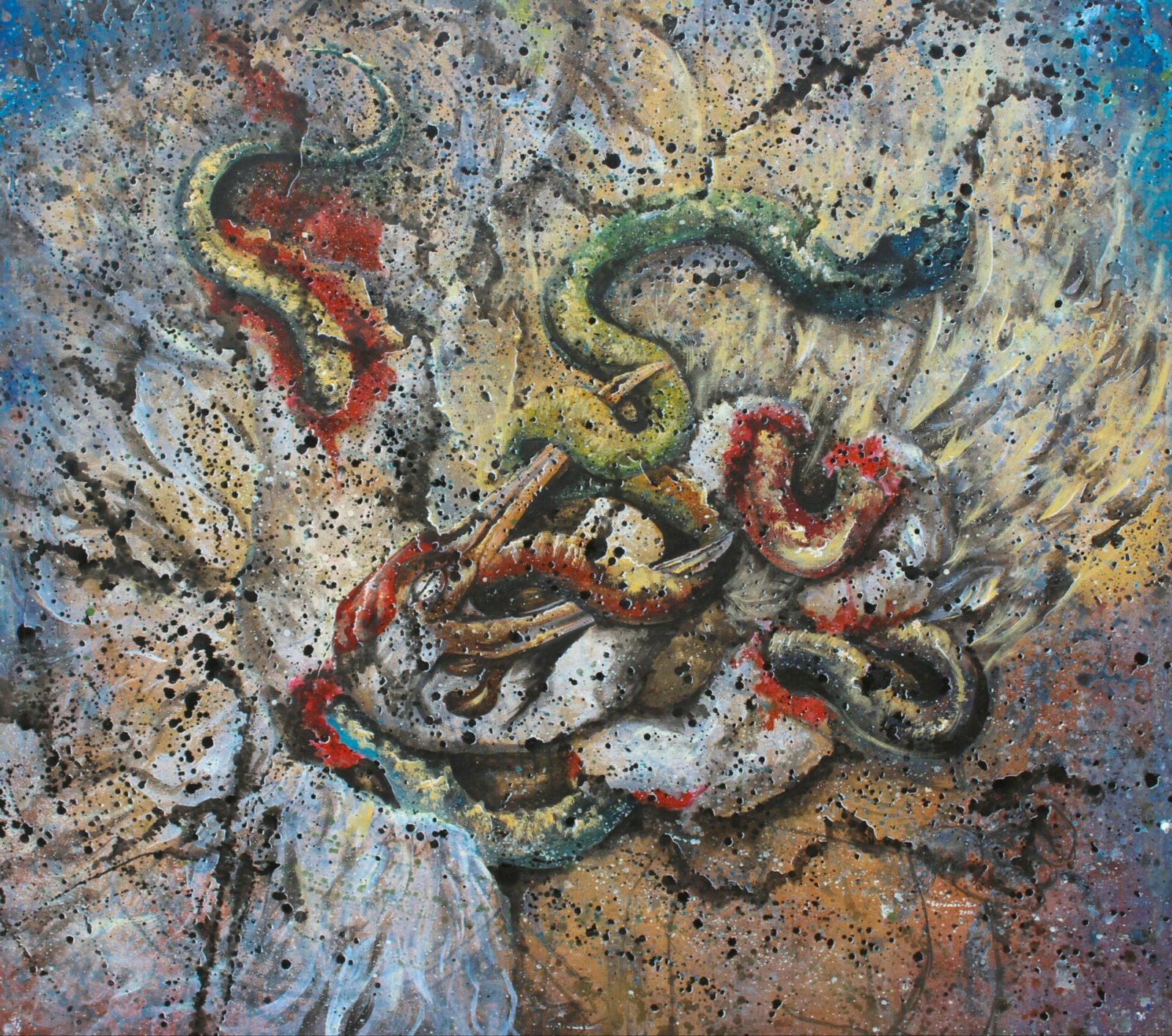 oiseau et serpent se dévorant mutuellement peinture de Sardoine Mia