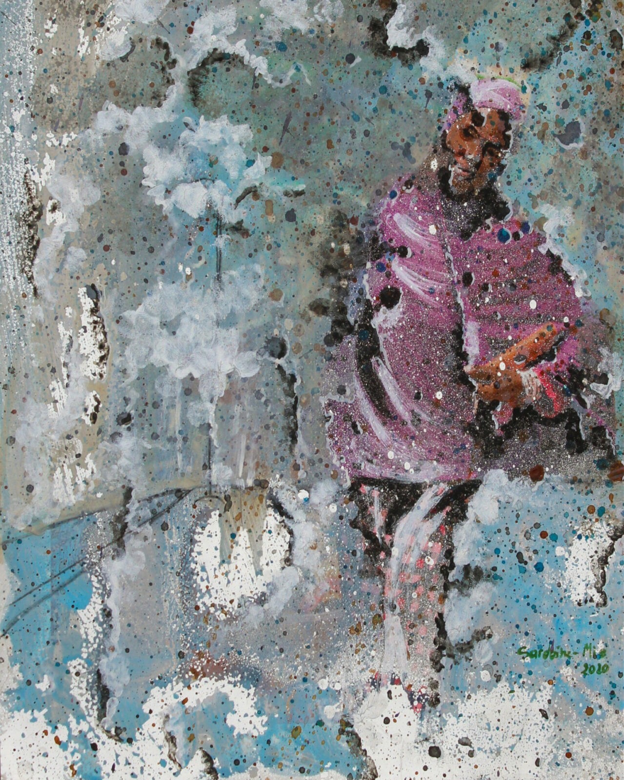 femme avec un voile violet marchant dans le ciel bleu peinture de Sardoine Mia