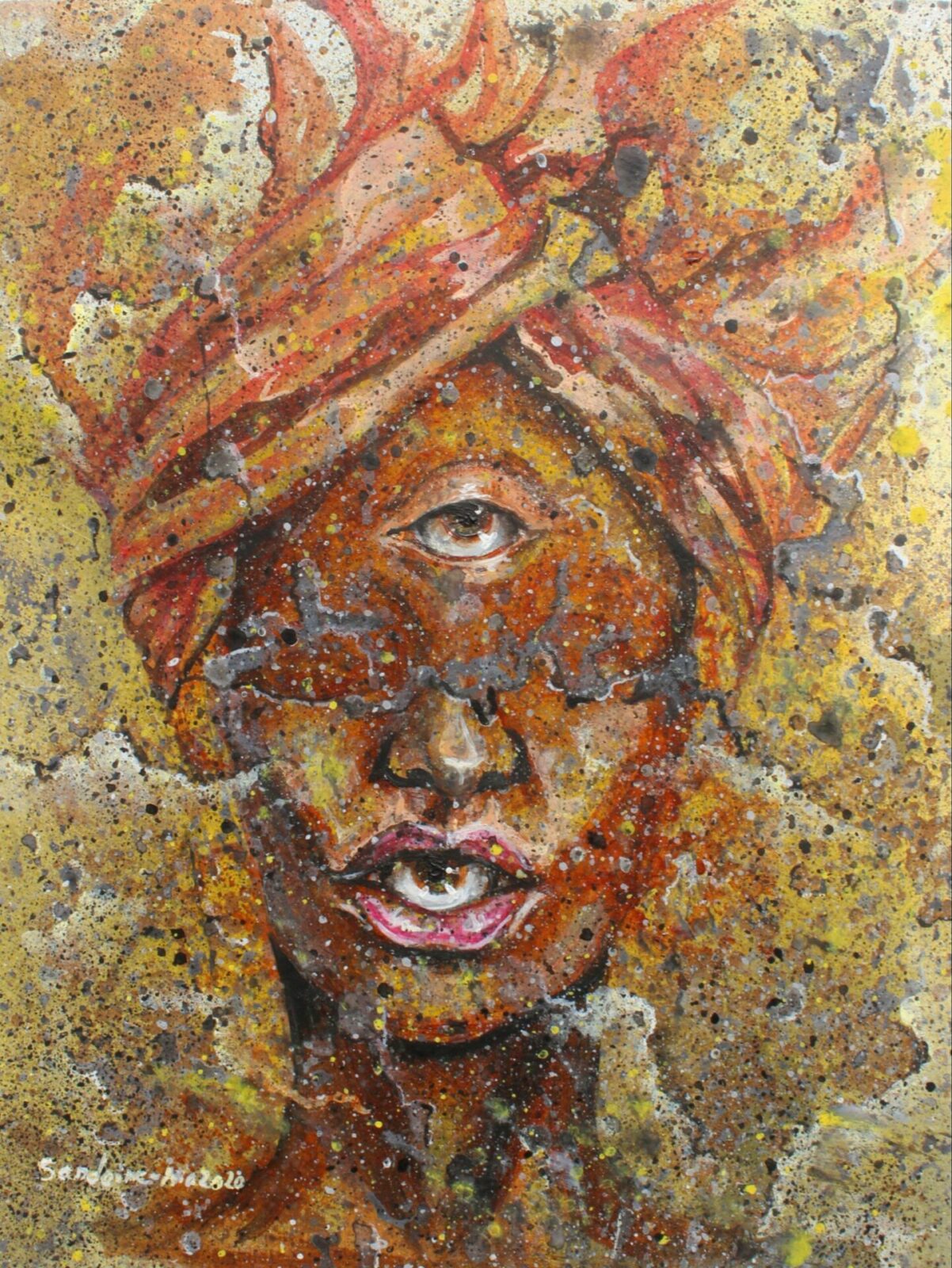 femme noire avec foulard et œil dans la bouche peinture de Sardoine Mia