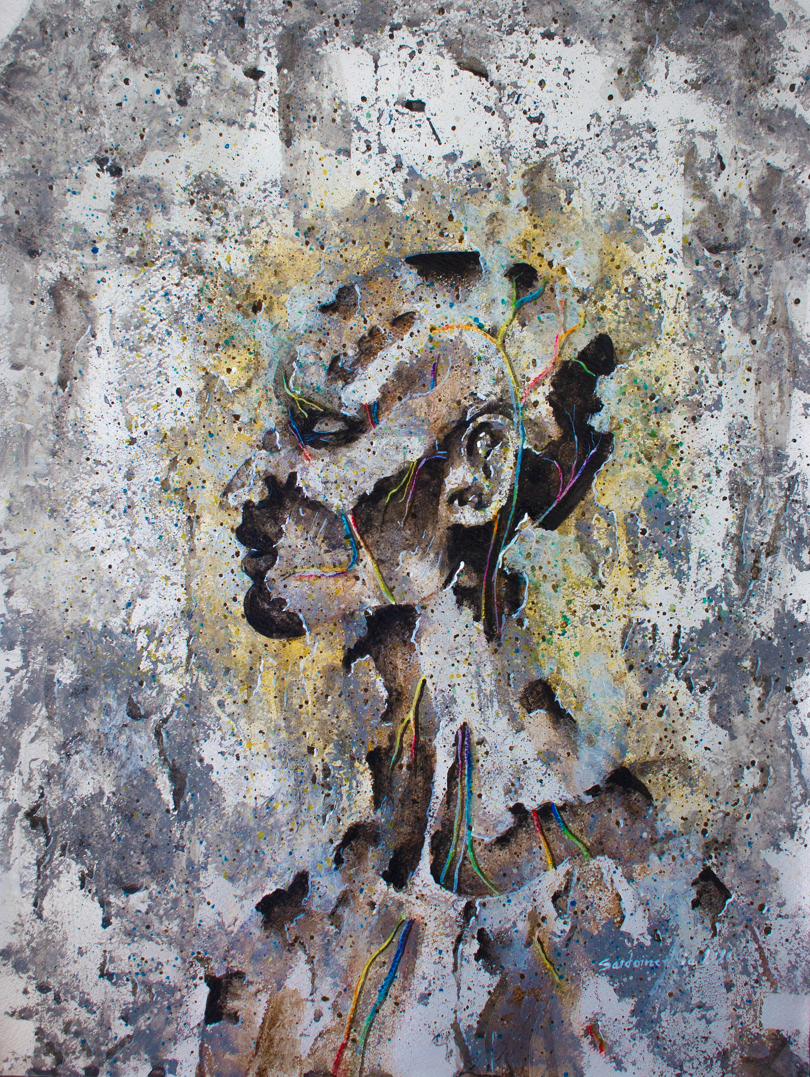 Tableau de l'artiste peintre Sardoine Mia sur un chevalet en pleine nature représentant un homme noir de profil traversé par des veines multicolores sur un fond gris argenté