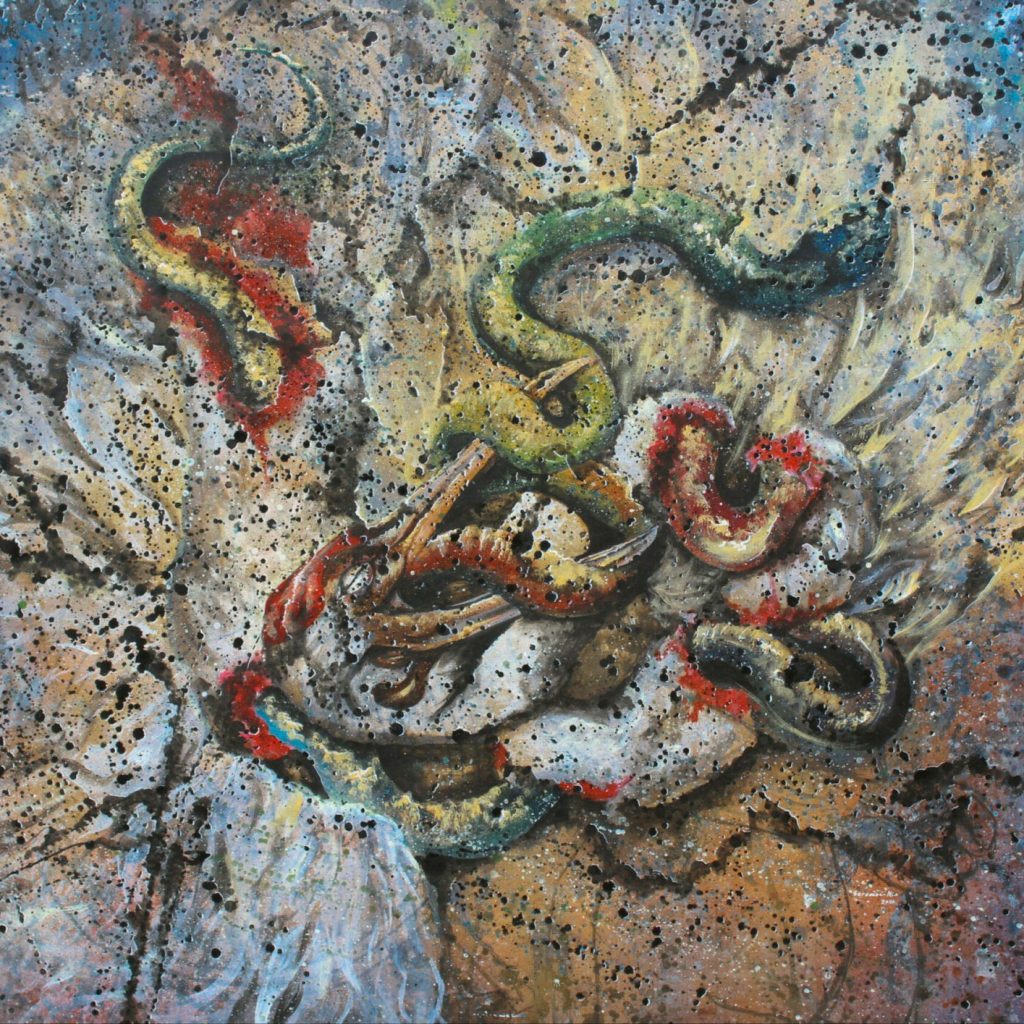 oiseau et serpent se dévorant mutuellement peinture de Sardoine Mia