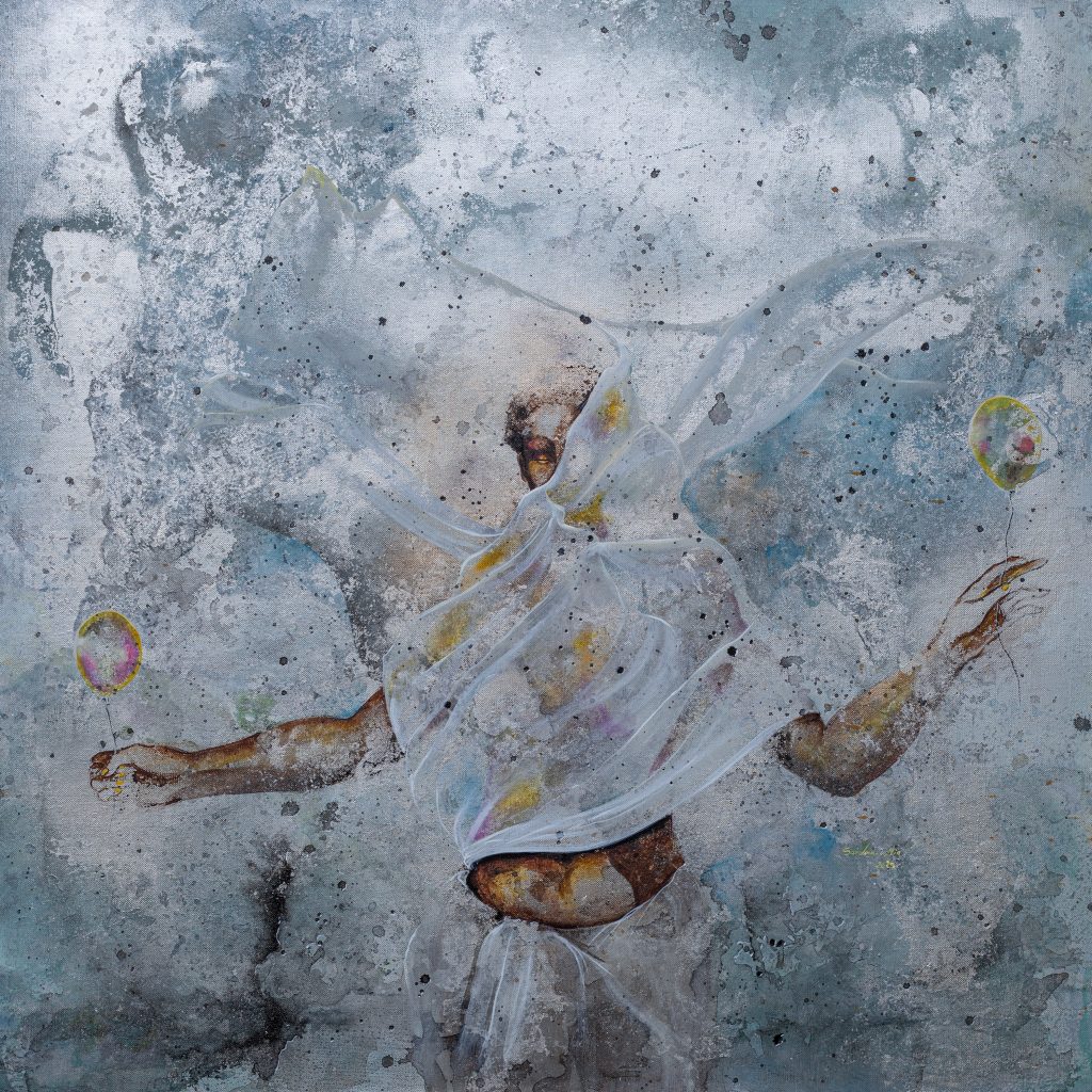 L'ARTISTE / 2025 / 80 cm × 80 cm / Acryliques et pastels secs sur toile