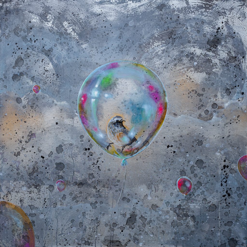 L'ENVOL / 2025 / 80 cm × 80 cm / Acryliques et pastels secs sur toile